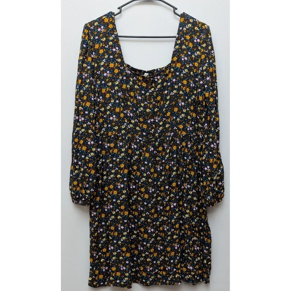 DR1 Mudd Blue Floral Long Sleeve Ruched Back Babydoll Peasant‎ Dress Sz XXL